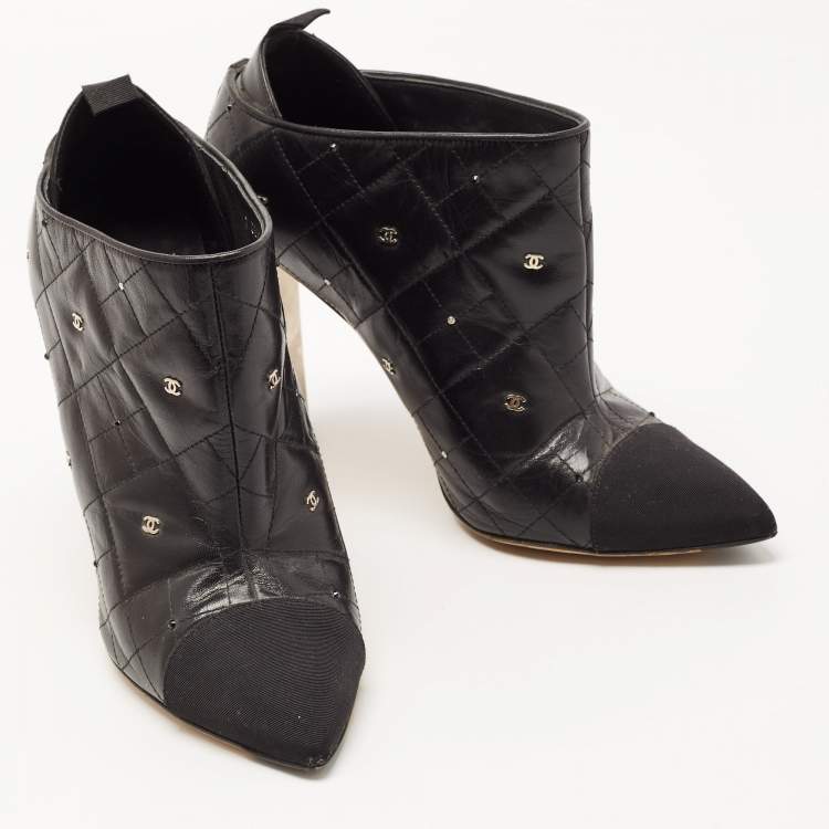 Pre Owned Chanel Black Leather Quilted Leather CC and Crystal Embellished Booties Size 39