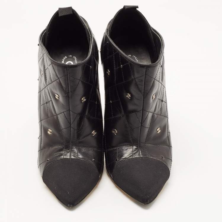 Pre Owned Chanel Black Leather Quilted Leather CC and Crystal Embellished Booties Size 39