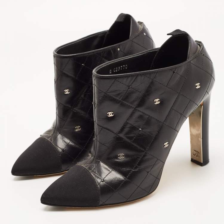 Pre Owned Chanel Black Leather Quilted Leather CC and Crystal Embellished Booties Size 39