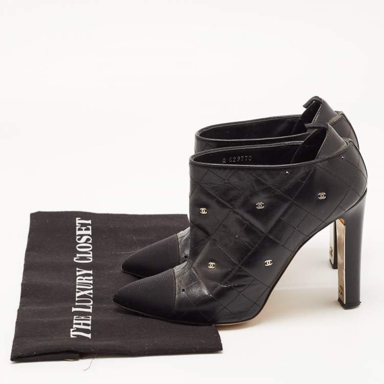 Pre Owned Chanel Black Leather Quilted Leather CC and Crystal Embellished Booties Size 39