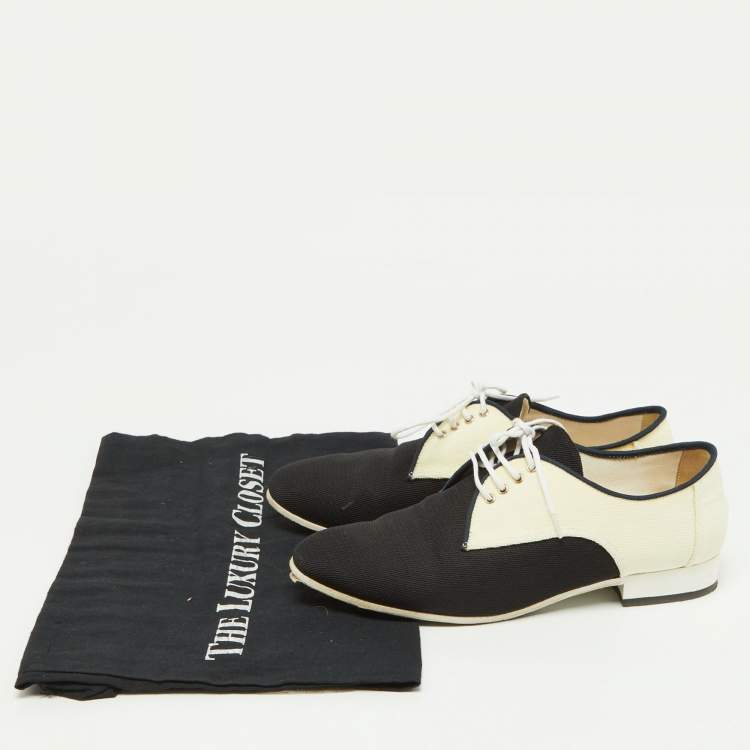Pre Owned Chanel Black/Cream Fabric CC Lace Up Derby Size 35.5