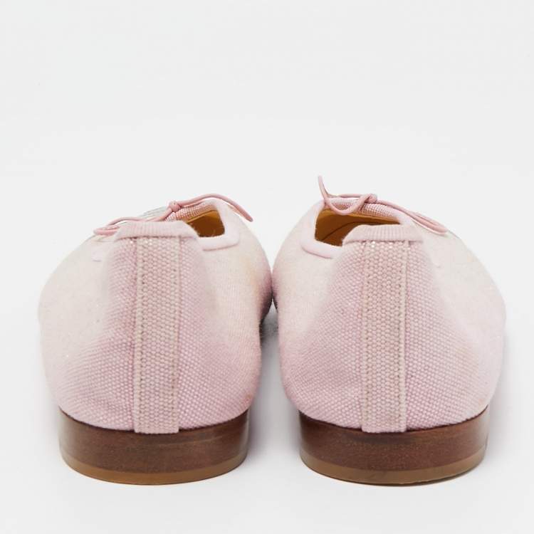 Pre Owned Chanel Pink/Silver Canvas and Leather CC Cap Toe Bow Ballet Flats Size 39