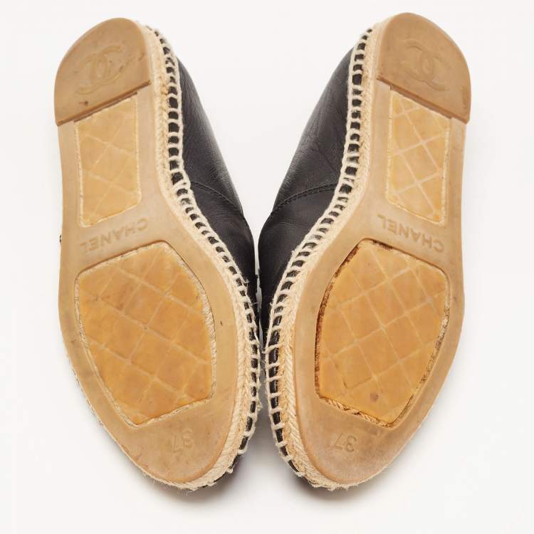 Pre Owned Chanel Black Leather CC Espadrille Flats Size 37