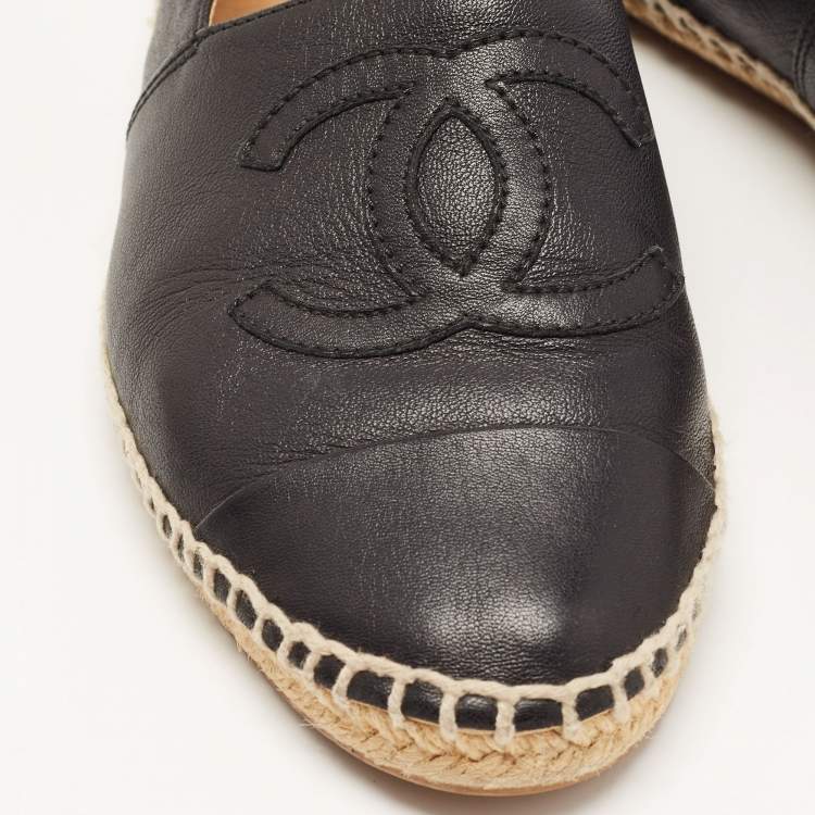 Pre Owned Chanel Black Leather CC Espadrille Flats Size 37