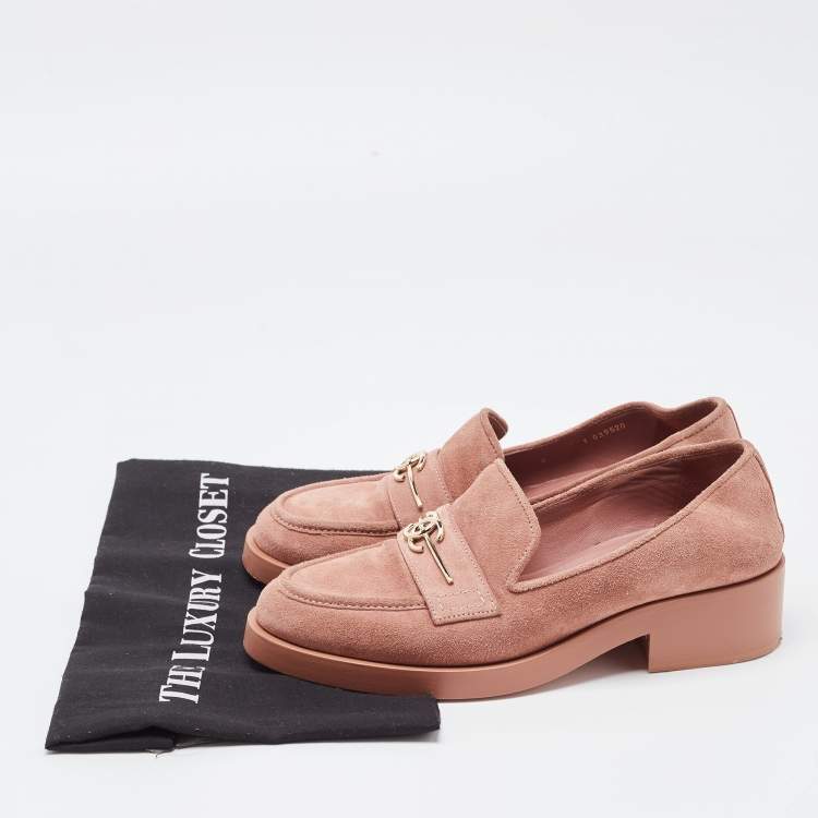Pre Owned Chanel Pink Suede CC Loafers Size 38