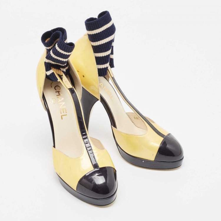 مملوكة مسبقًا Chanel Yellow/Black Patent Leather T-Strap Ankle Sock Platform Pumps Size 39