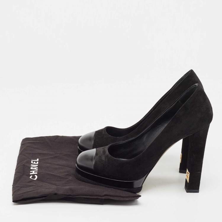 Pre Owned Chanel Black Suede and Leather Cap Toe Platform Pumps Size 38