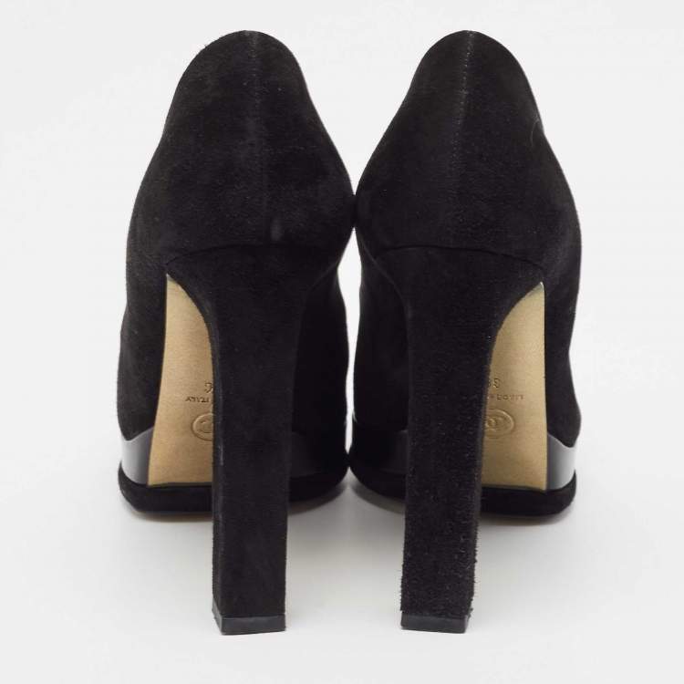 Pre Owned Chanel Black Suede and Leather Cap Toe Platform Pumps Size 38
