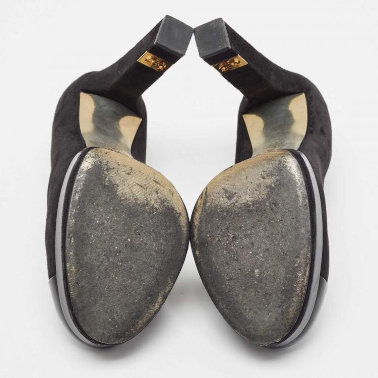 Pre Owned Chanel Black Suede and Leather Cap Toe Platform Pumps Size 38