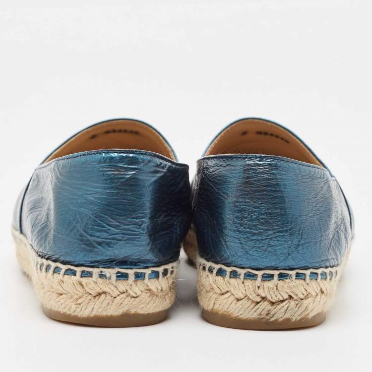Pre Owned Chanel Blue/Black Leather and Canvas CC Cap Toe Espadrille Flats Size 38