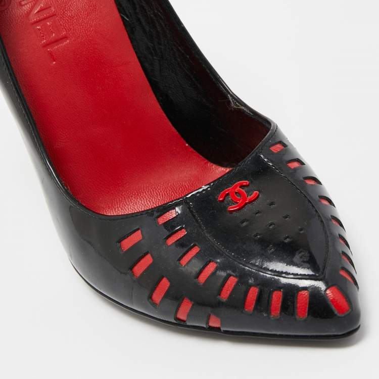 Pre Owned Chanel Black/Red Patent Pointed Toe Pumps Size 38