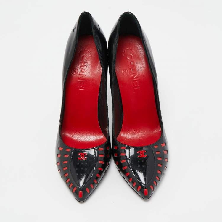 Pre Owned Chanel Black/Red Patent Pointed Toe Pumps Size 38