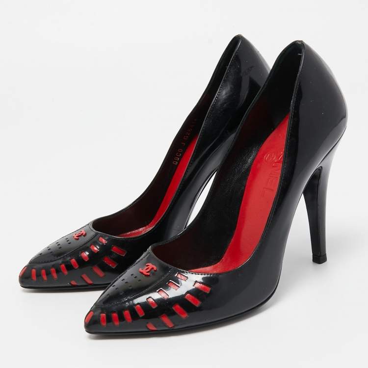 Pre Owned Chanel Black/Red Patent Pointed Toe Pumps Size 38