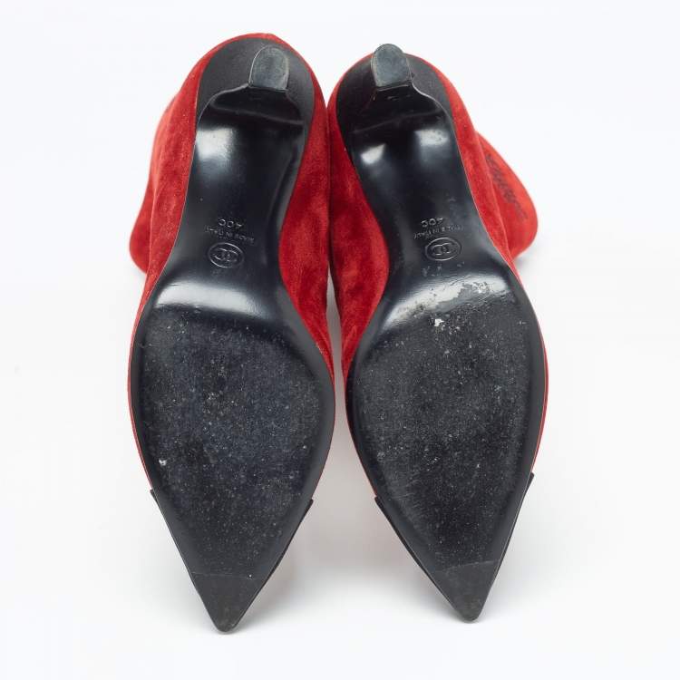 Pre Owned Chanel Red/Black Suede Pointed Toe Mid Calf Boots Size 40