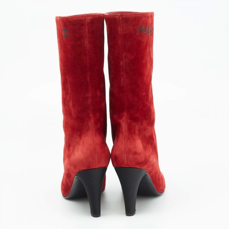 Pre Owned Chanel Red/Black Suede Pointed Toe Mid Calf Boots Size 40
