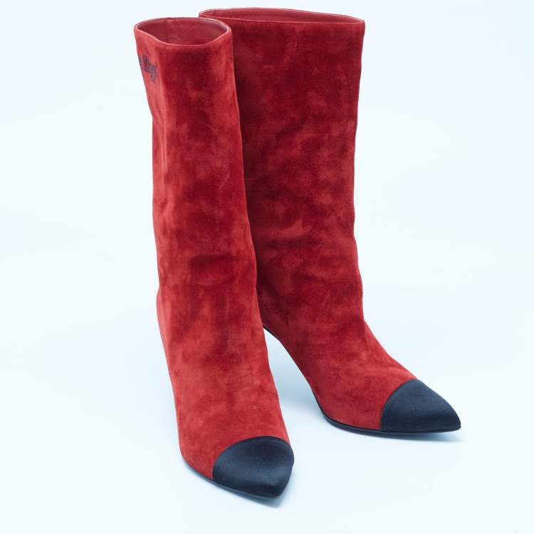 Pre Owned Chanel Red/Black Suede Pointed Toe Mid Calf Boots Size 40