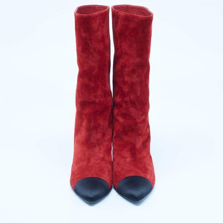 Pre Owned Chanel Red/Black Suede Pointed Toe Mid Calf Boots Size 40