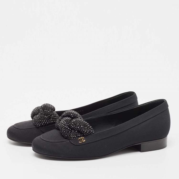 Pre Owned Chanel Black Fabric CC Crystal Embellished Loafers Size 37
