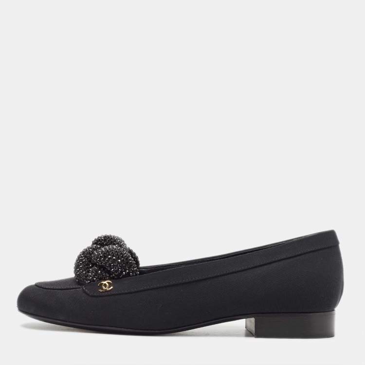 Pre Owned Chanel Black Fabric CC Crystal Embellished Loafers Size 37