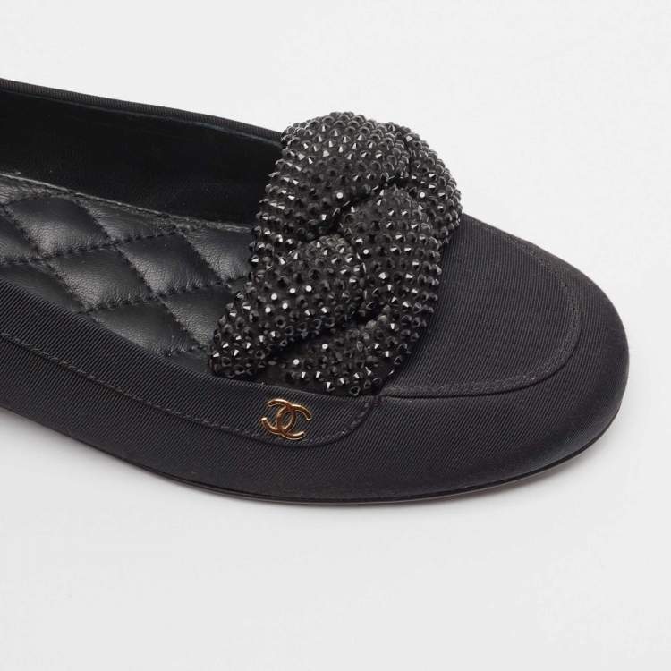 Pre Owned Chanel Black Fabric CC Crystal Embellished Loafers Size 37