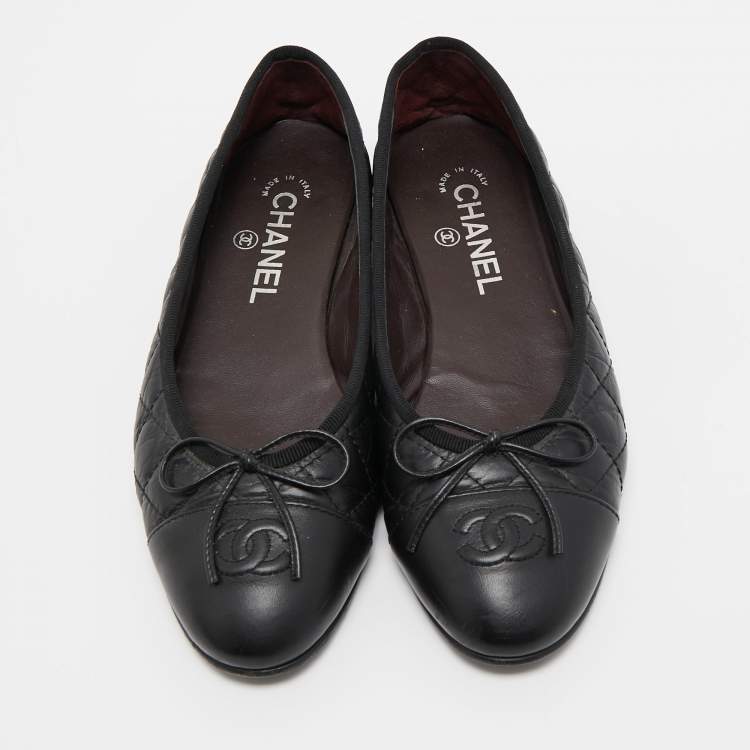 Pre Owned Chanel Black Leather CC Ballet Flats Size 37.5