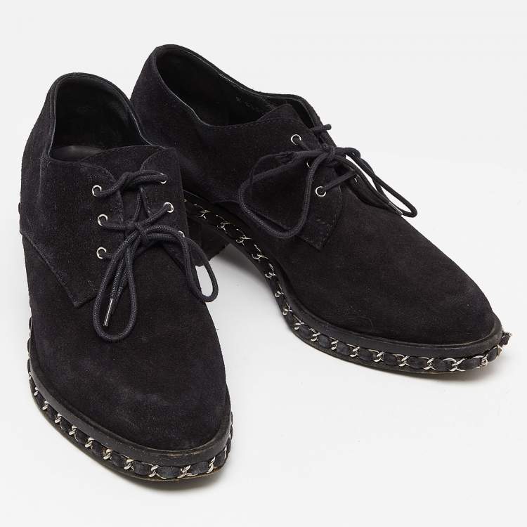 Pre Owned Chanel Black Suede Chain Detail Derby Size 37