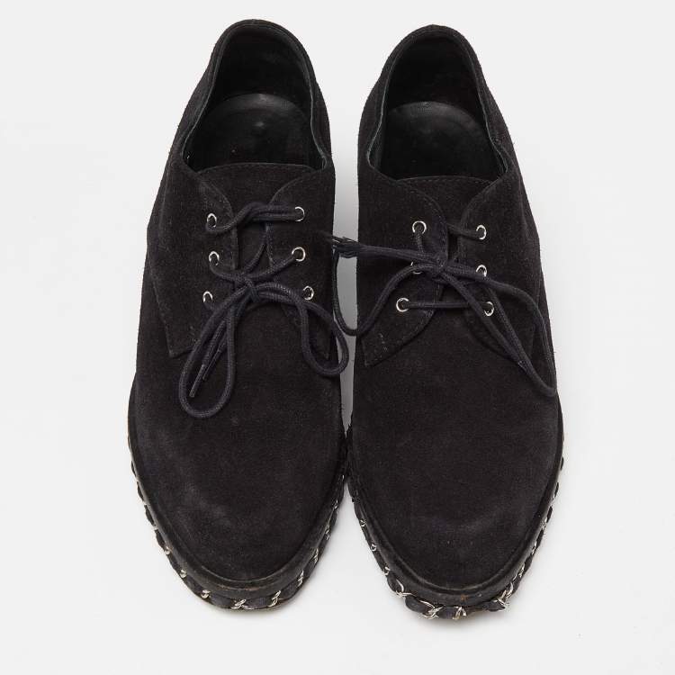 Pre Owned Chanel Black Suede Chain Detail Derby Size 37