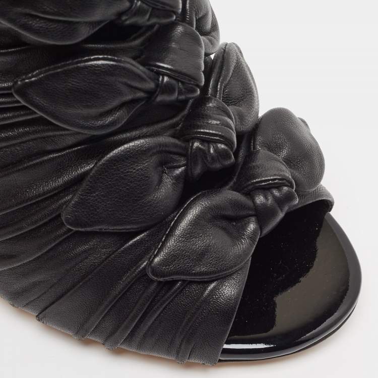 Pre Owned Chanel Black Pleated Leather Knotted Bow Open Toe Booties Size 38