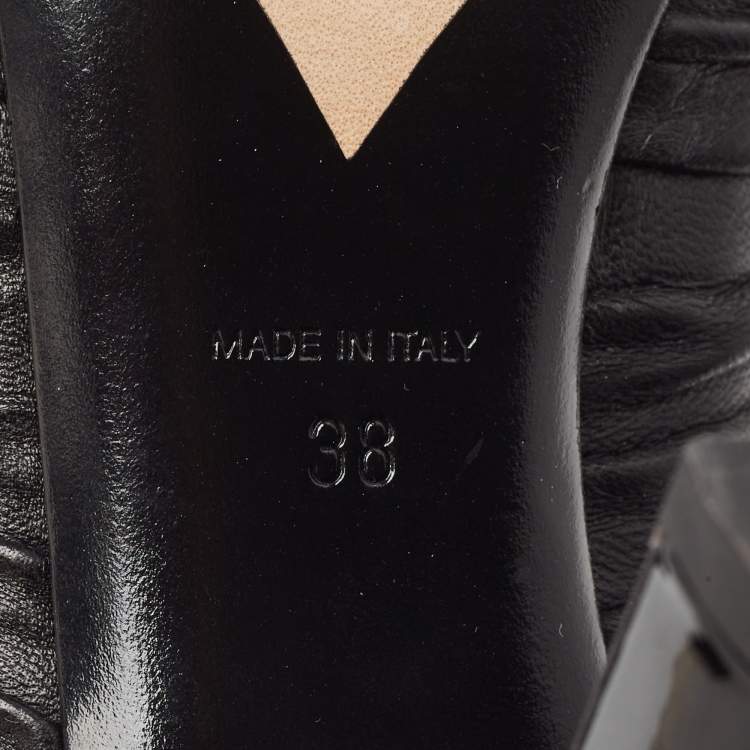 Pre Owned Chanel Black Pleated Leather Knotted Bow Open Toe Booties Size 38