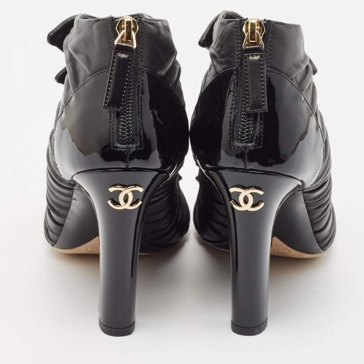 Pre Owned Chanel Black Pleated Leather Knotted Bow Open Toe Booties Size 38