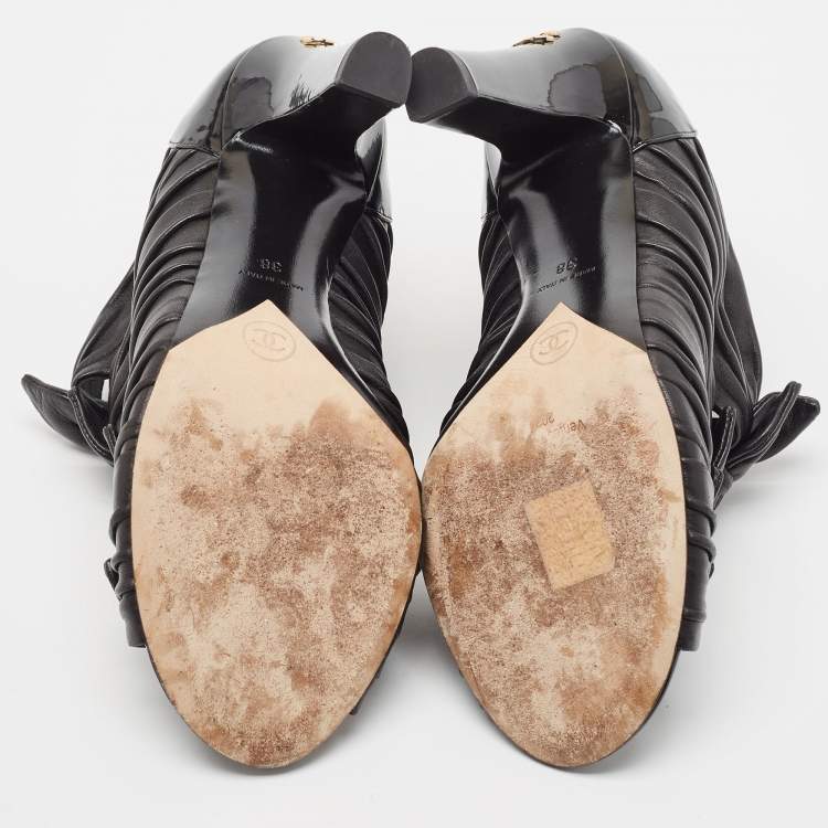 Pre Owned Chanel Black Pleated Leather Knotted Bow Open Toe Booties Size 38