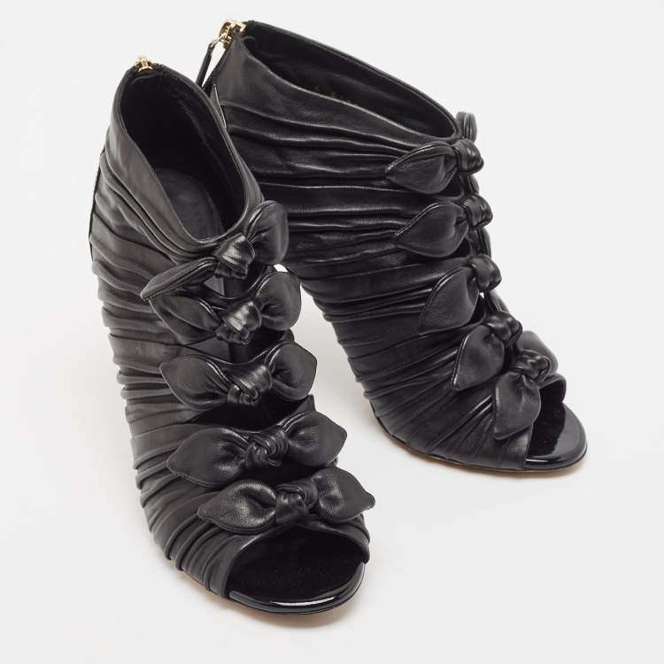 Pre Owned Chanel Black Pleated Leather Knotted Bow Open Toe Booties Size 38