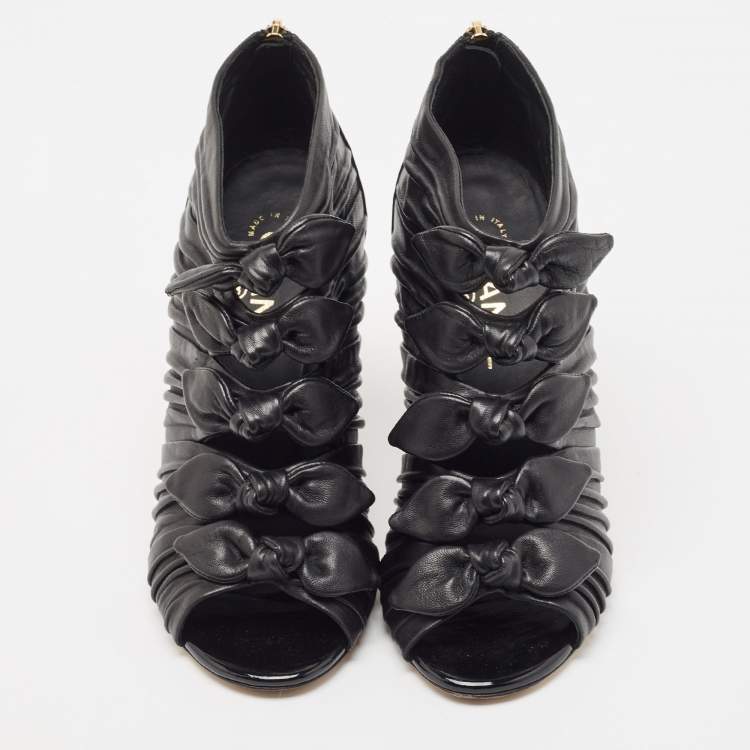 Pre Owned Chanel Black Pleated Leather Knotted Bow Open Toe Booties Size 38