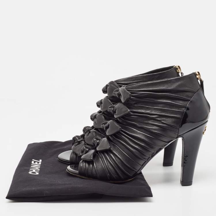Pre Owned Chanel Black Pleated Leather Knotted Bow Open Toe Booties Size 38