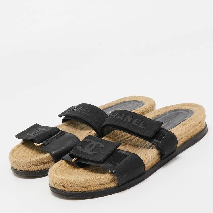 Pre Owned Chanel Black Leather And Canvas CC Velcro Espadrille Flat Sandals Size 37