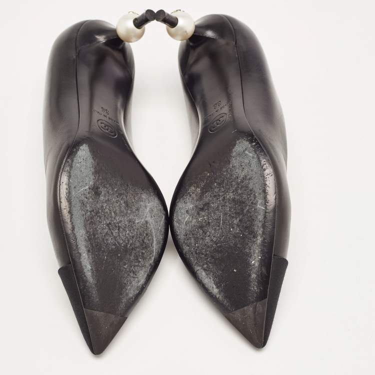 Pre Owned Chanel Black Leather and Canvas CC Pointed Toe Pumps Size 36
