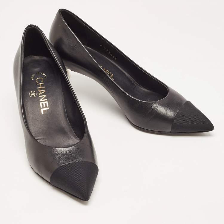 Pre Owned Chanel Black Leather and Canvas CC Pointed Toe Pumps Size 36