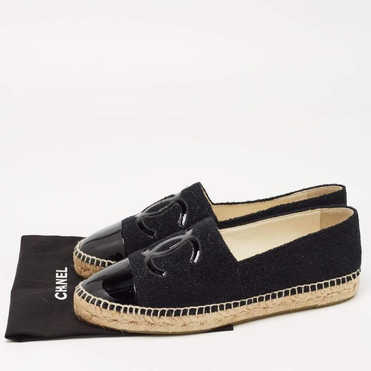 Pre Owned Chanel Black Lurex Fabric and Patent CC Espadrille Flats Size 42