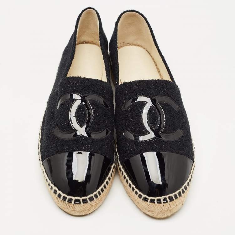 Pre Owned Chanel Black Lurex Fabric and Patent CC Espadrille Flats Size 42