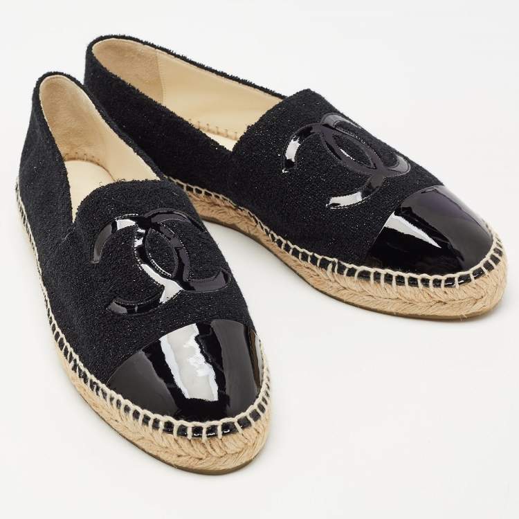Pre Owned Chanel Black Lurex Fabric and Patent CC Espadrille Flats Size 42