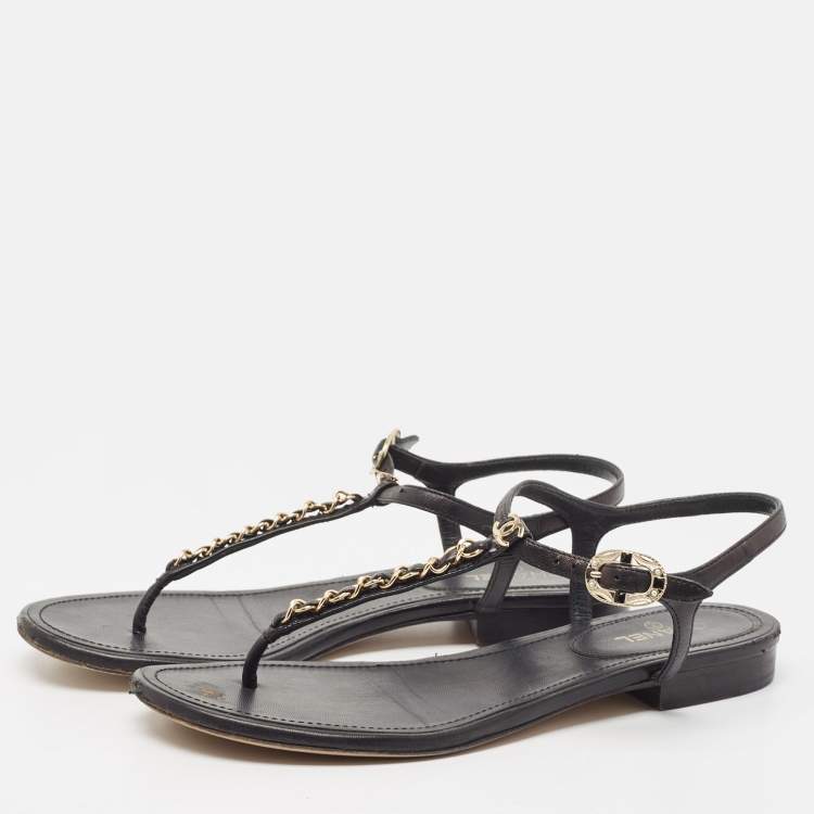 Black Real Leather Toe Thong Strap Flat Sandals