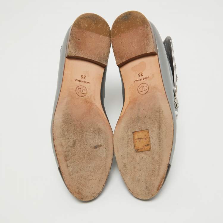 Pre Owned Chanel Silver/Black Leather Studded Ankle Boots Size 36