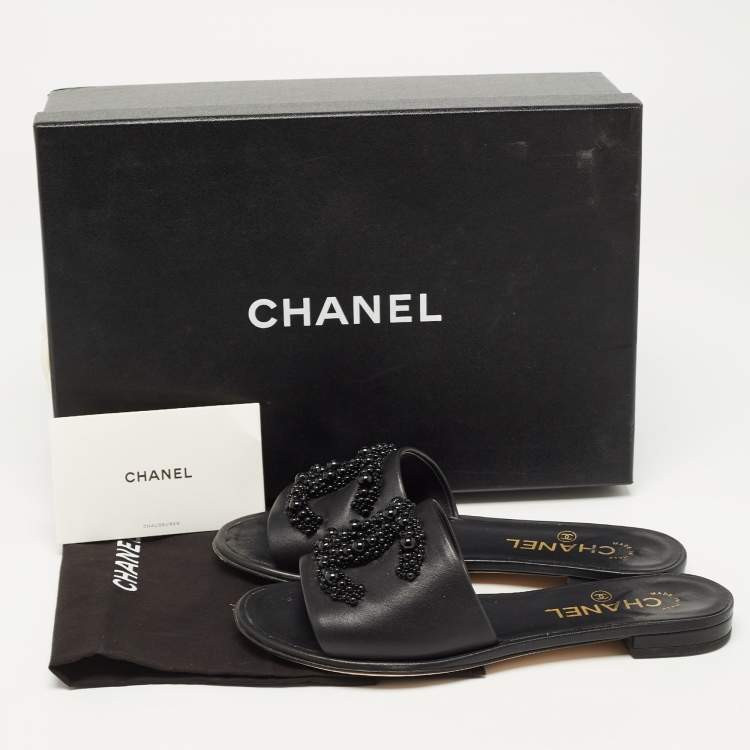 Pre Owned Chanel Black Leather Embellished CC Flat Slides Size 36
