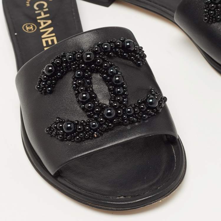 Pre Owned Chanel Black Leather Embellished CC Flat Slides Size 36