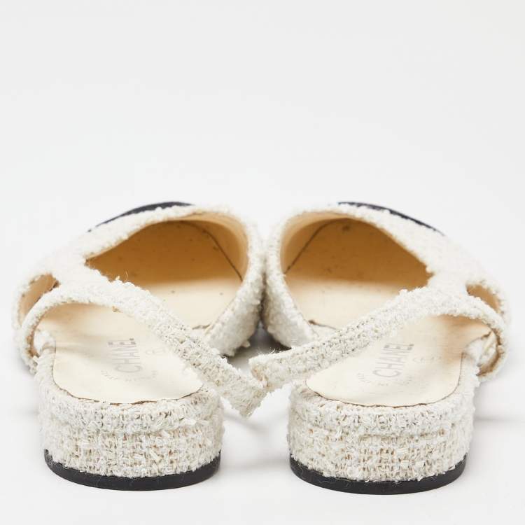 Pre Owned Chanel White/Black Tweed and Fabric Cap Toe Slingback Sandals Size 39