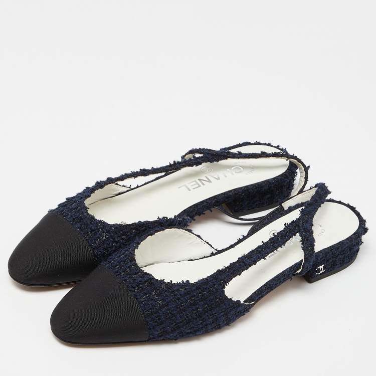 Chanel Blue/Black Tweed and Canvas Cap Toe Slingback Flats