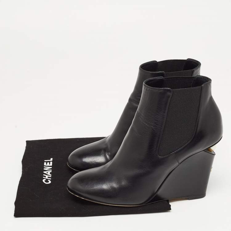 Pre Owned Chanel Black Leather Round Toe Pearl Embellished CC Wedge Boots Size 38