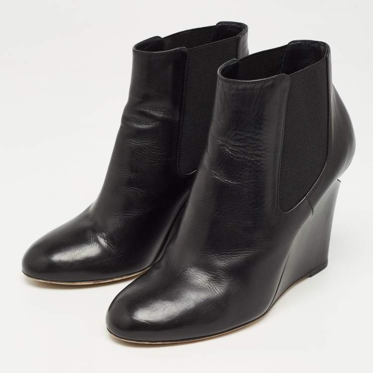 Pre Owned Chanel Black Leather Round Toe Pearl Embellished CC Wedge Boots Size 38