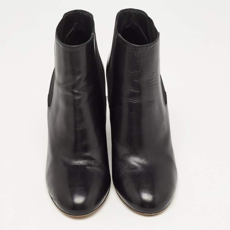 Pre Owned Chanel Black Leather Round Toe Pearl Embellished CC Wedge Boots Size 38