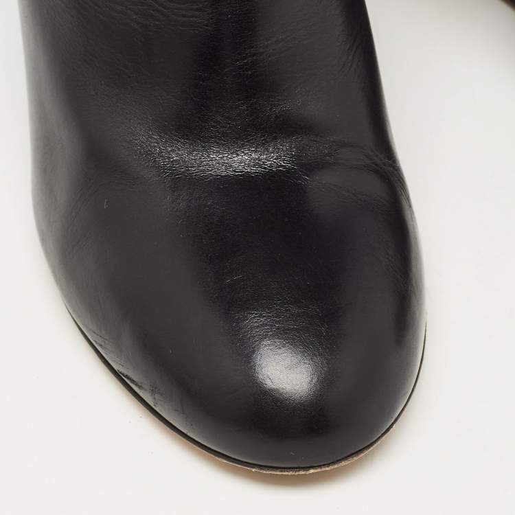 Pre Owned Chanel Black Leather Round Toe Pearl Embellished CC Wedge Boots Size 38